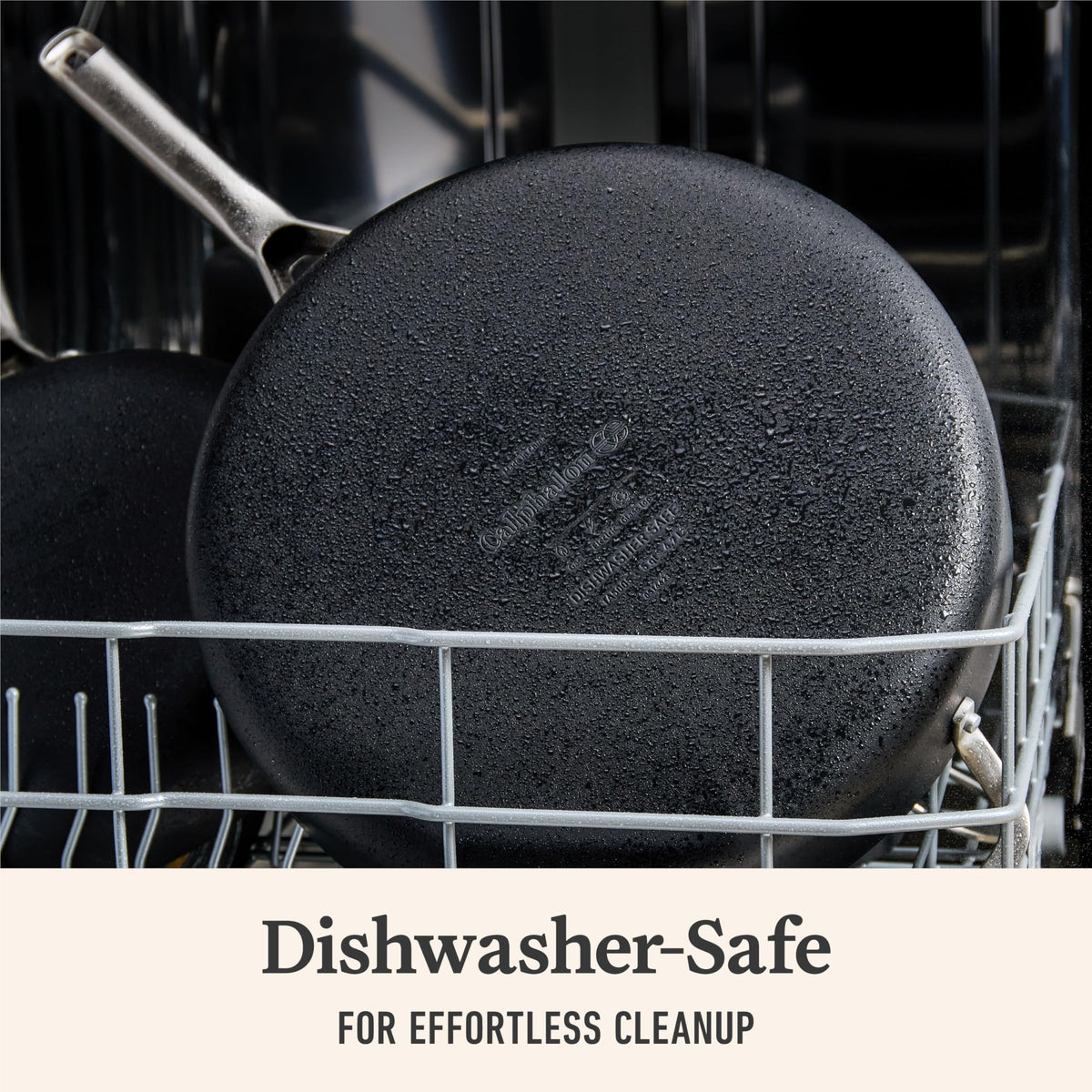 Calphalon hard-anodized interior ensures smooth nonstick release and easy cleanup.