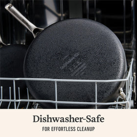 Calphalon hard-anodized interior ensures smooth nonstick release and easy cleanup.