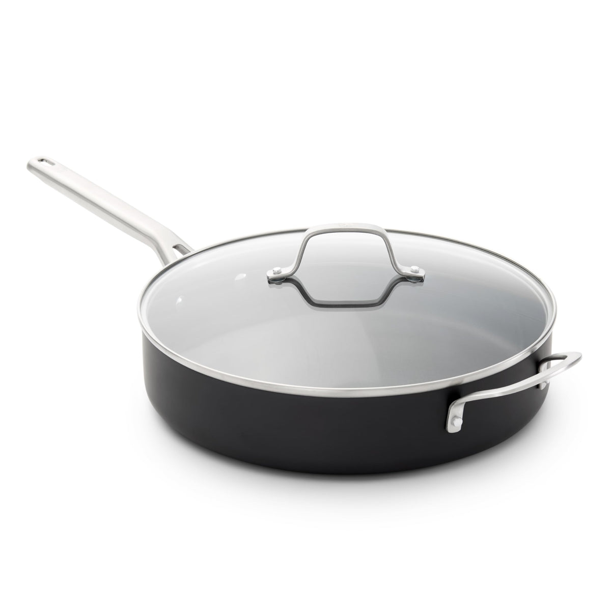 Calphalon hard-anodized nonstick 5-qt sauté pan with lid, easy lid-on maneuver for everyday meals.