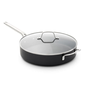Calphalon hard-anodized nonstick 5-qt sauté pan with lid, easy lid-on maneuver for everyday meals.