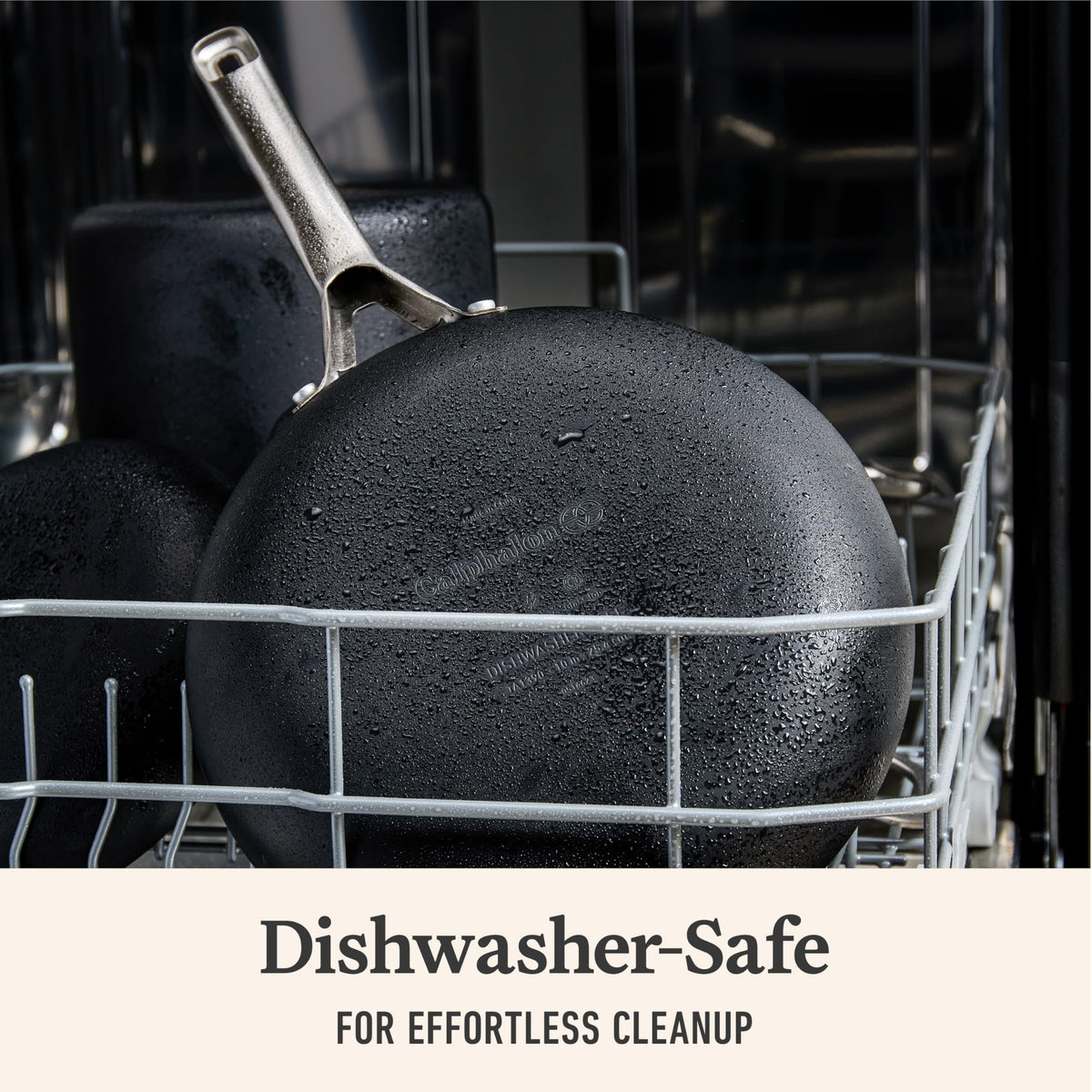 Calphalon hard-anodized nonstick surface close-up for effortless cleanup.
