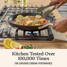 Calphalon sauté pan lid close-up demonstrating smooth nonstick release