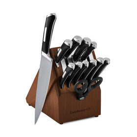 Calphalon kitchen knife set with self-sharpening block enabling effortless prep.