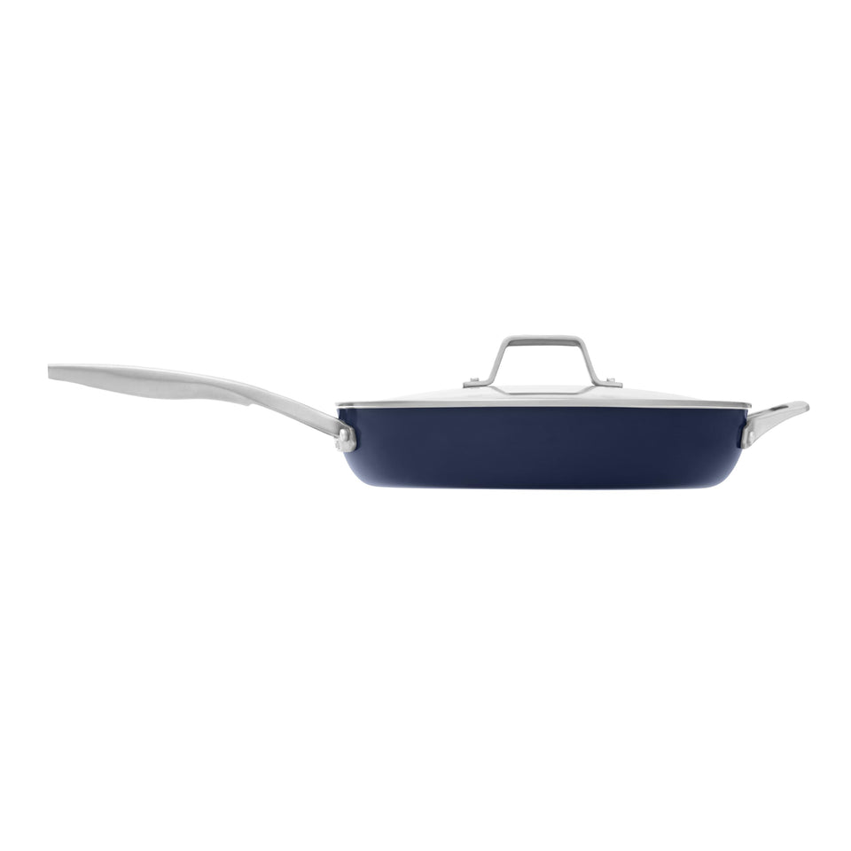 Calphalon Premier ceramic nonstick 12-inch pan with lid in midnight blue for easy weeknight meals.