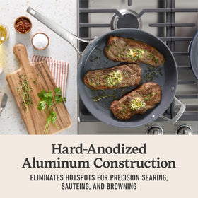 Calphalon Premier even heating close-up demonstrates uniform searing and sautéing.