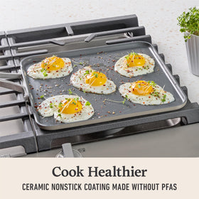 Calphalon Premier ceramic nonstick interior close-up shows scratch resistance for metal utensils