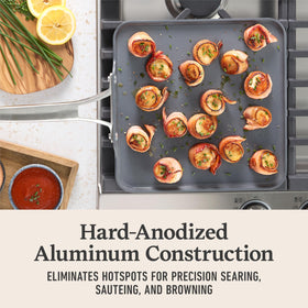 Calphalon Premier griddle with pancakes and browning demonstration highlights even heating