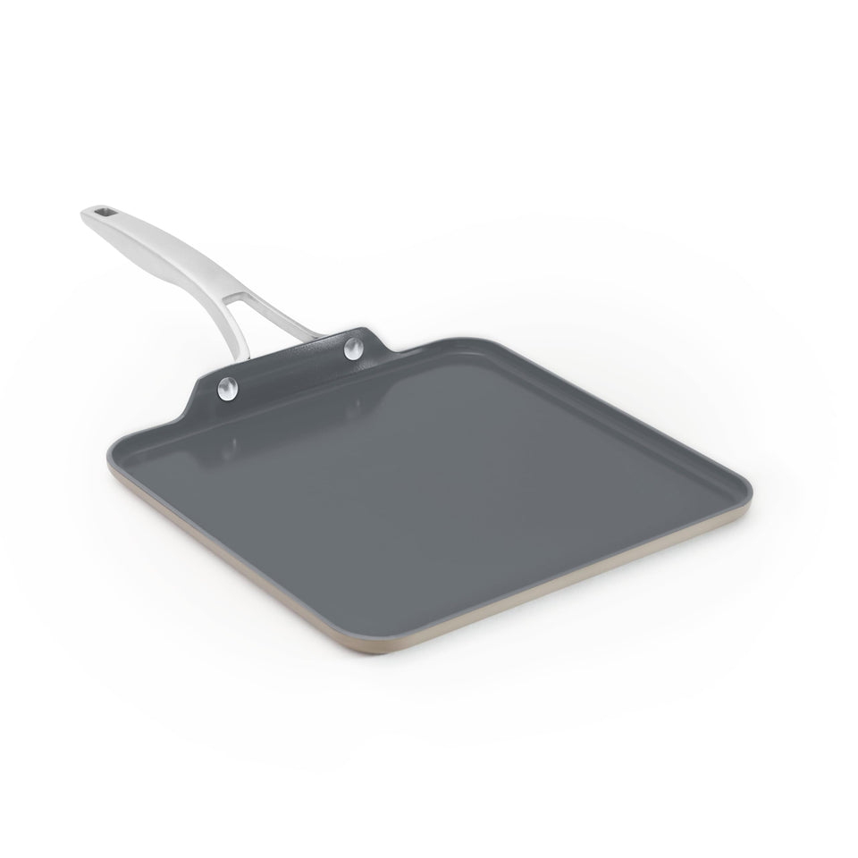 Calphalon Premier ceramic nonstick square griddle top view for even browning and quick release