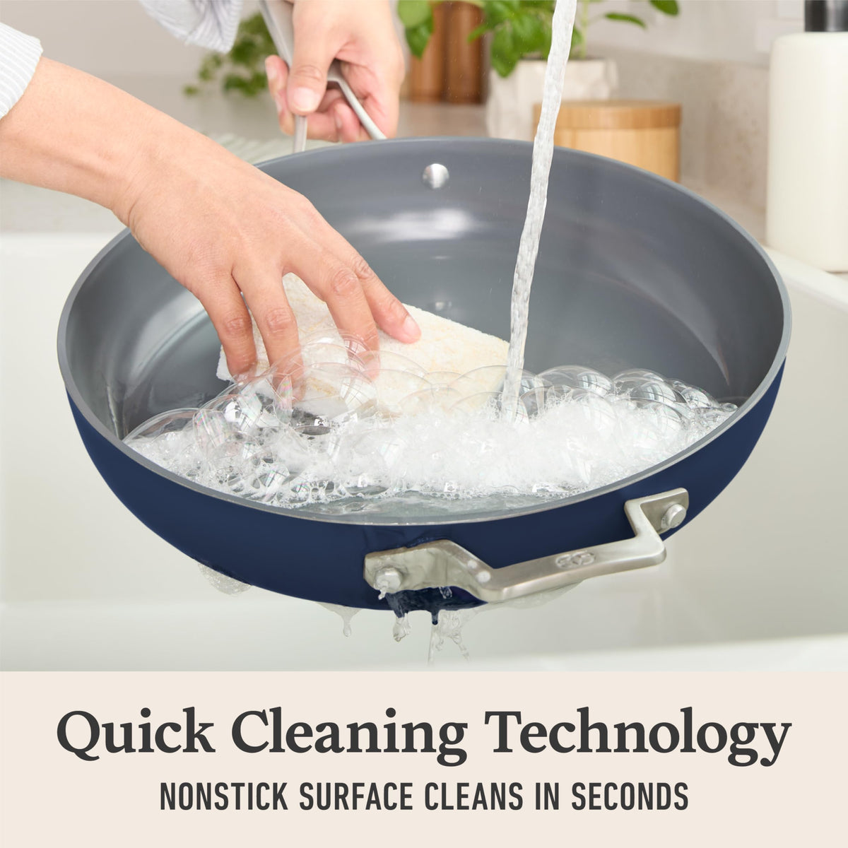 Close-up of the ceramic nonstick surface showing scratch resistance and durability.