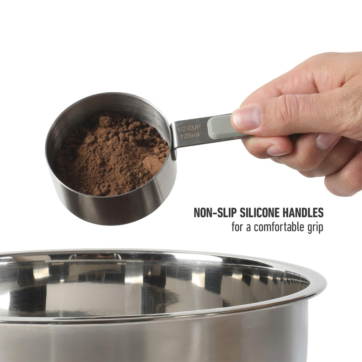 Calphalon Prime taupe-silicone grip close-up for comfortable handling.