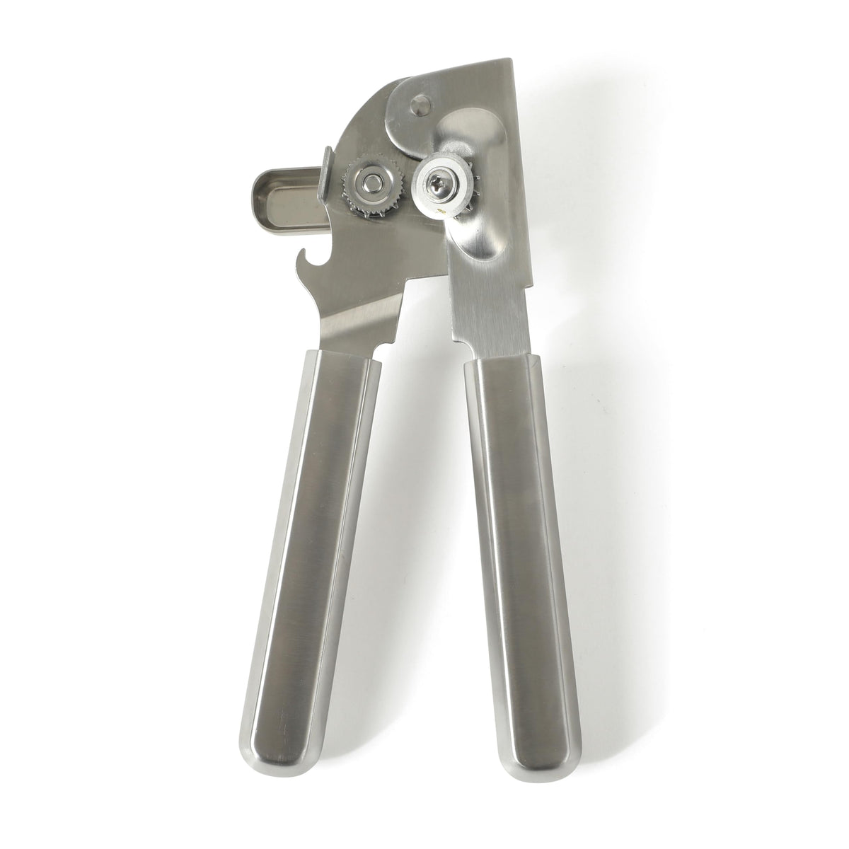 Calphalon Prime can opener closeup reveals durable stainless steel and sharp wheel.