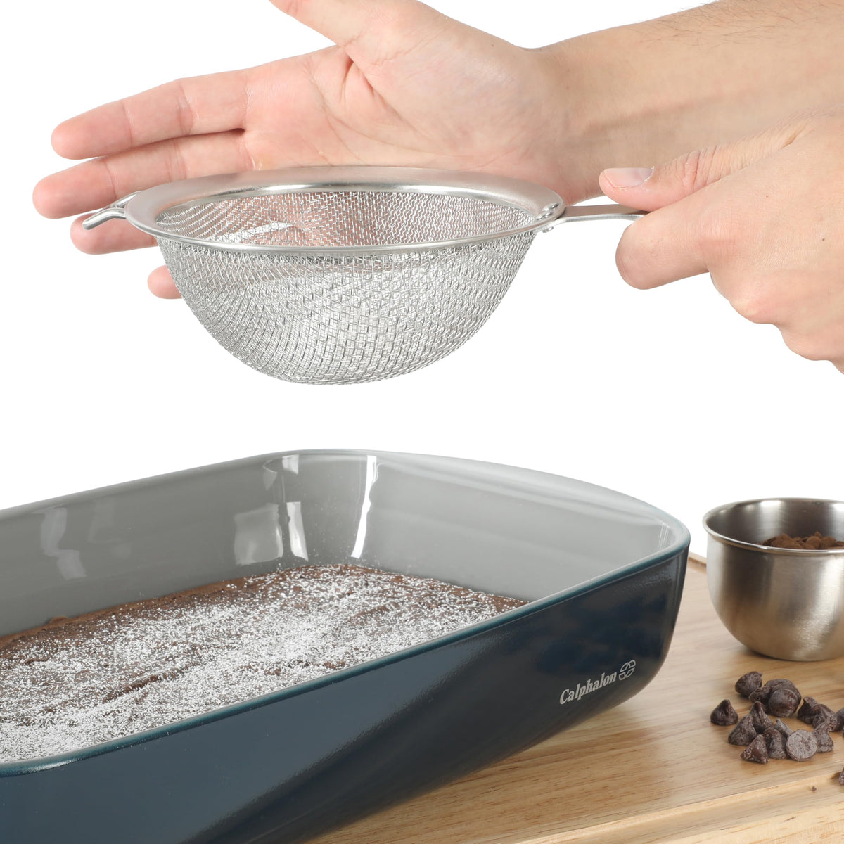 Calphalon Prime strainer with sturdy handle offers a secure grip