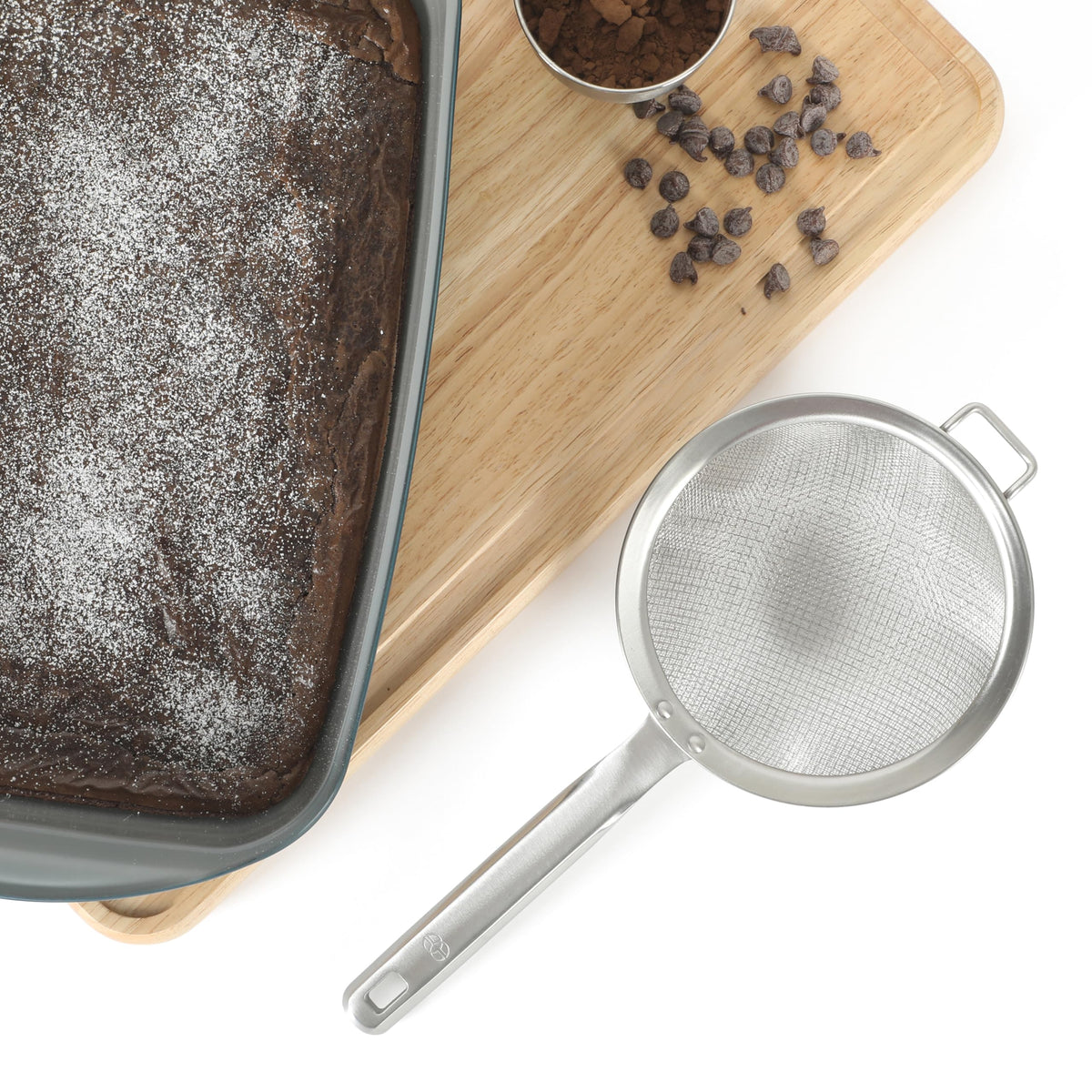 Calphalon Prime strainer with side loop rests hands-free