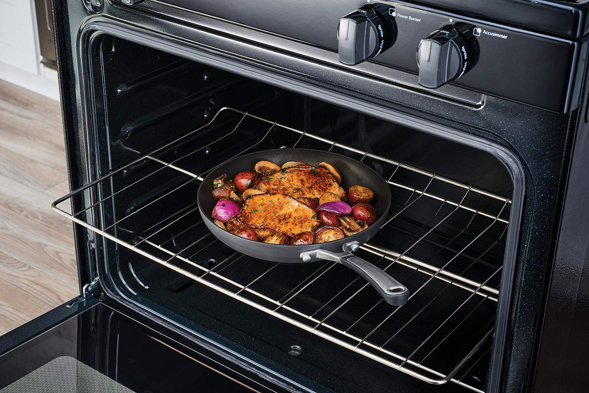 Calphalon stay-cool-handles highlight safe, comfortable grip during cooking.