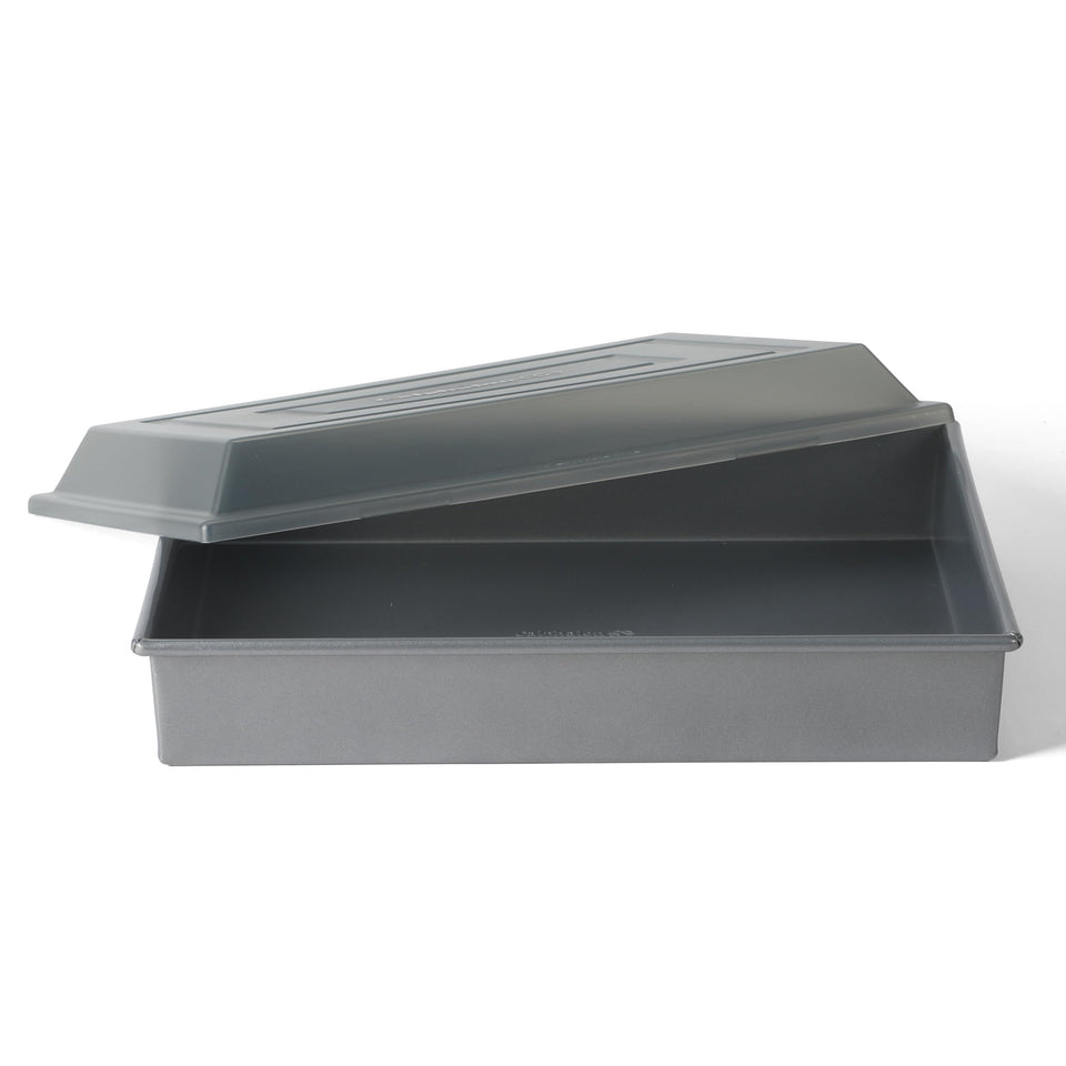 Calphalon Titan cake pan with lid for even baking and simple release.