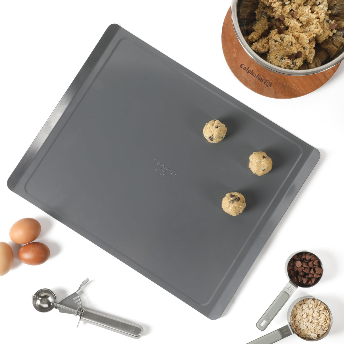 Calphalon Titan steel cookie sheet with nonstick interior for easy release.