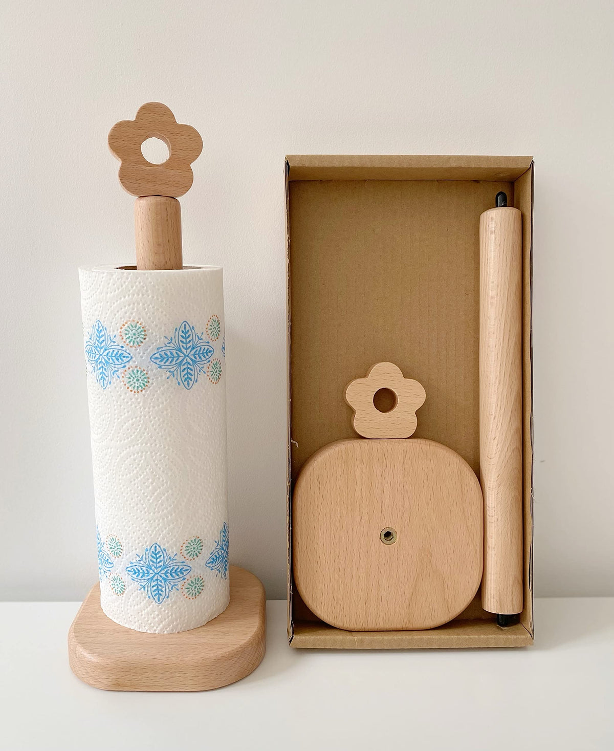 Cambiar paper towel holder beech wood base, stable and stylish on the counter.