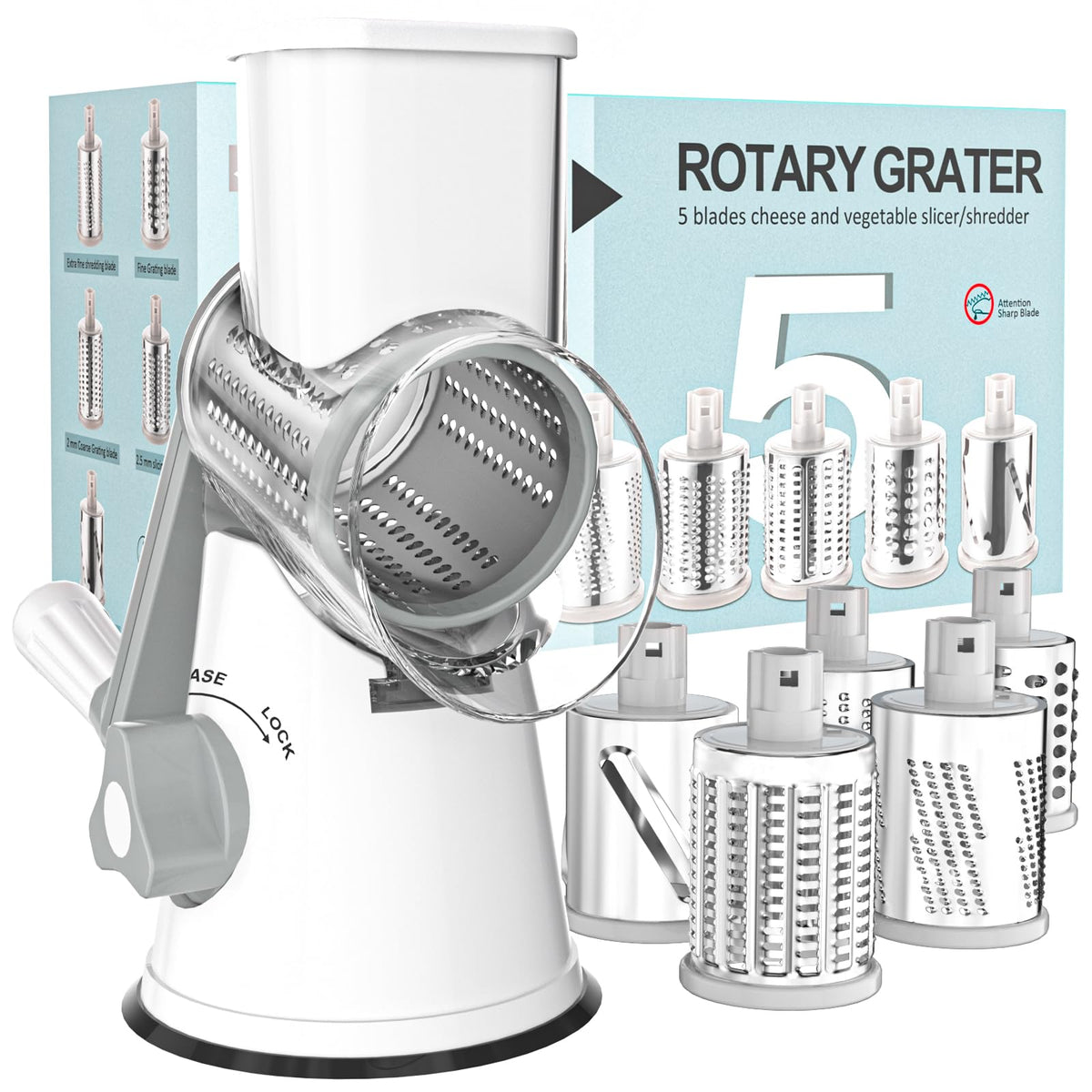 Cambom 5-in-1 rotary cheese grater with hand crank for fast shredding
