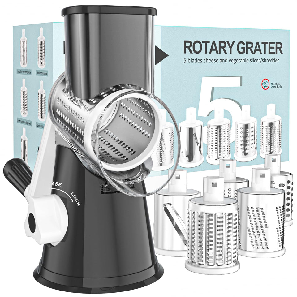 Cambom 5 in 1 rotary cheese grater with five blades for versatile shredding.