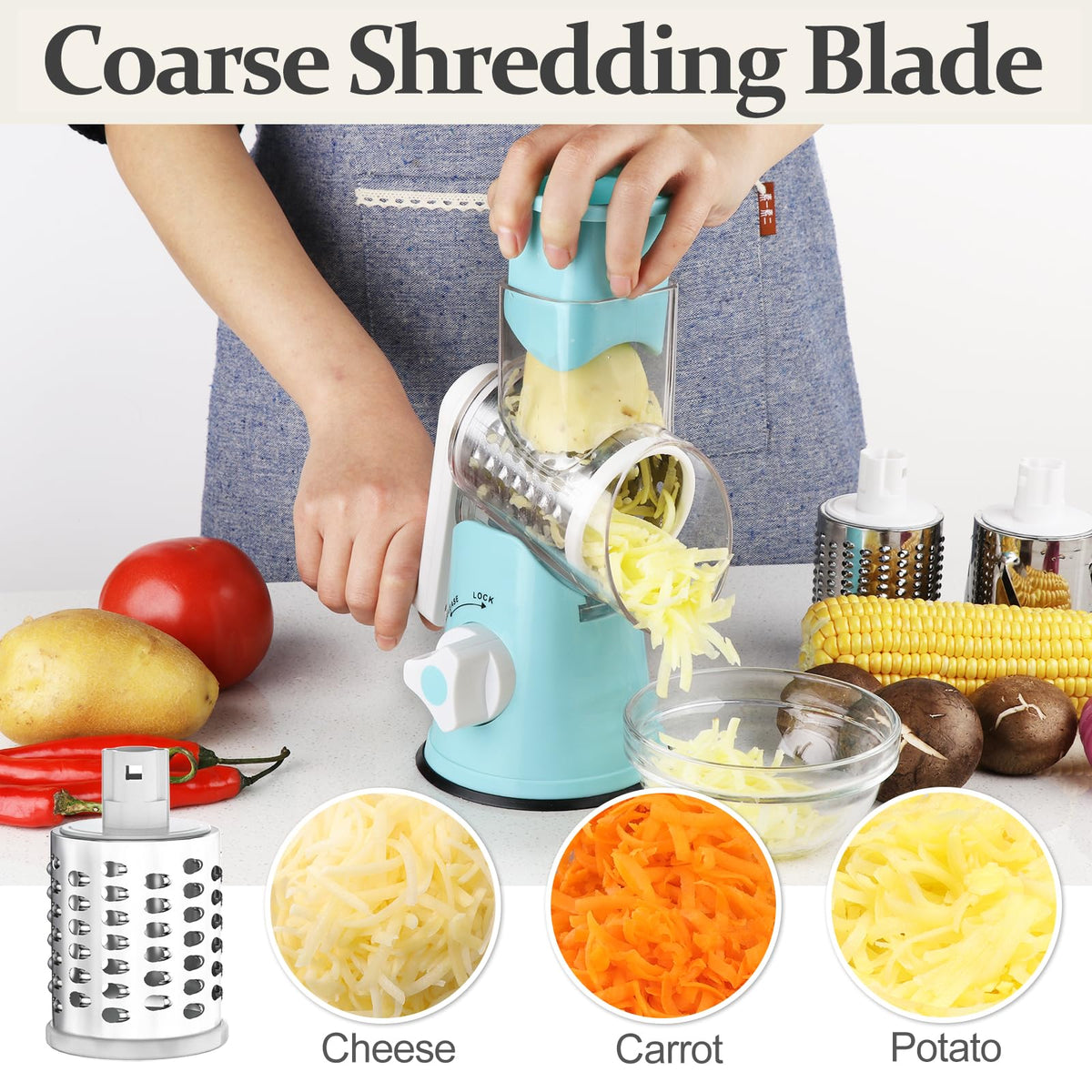 Cambom slicing blade on cheese grater enables even cheese slices
