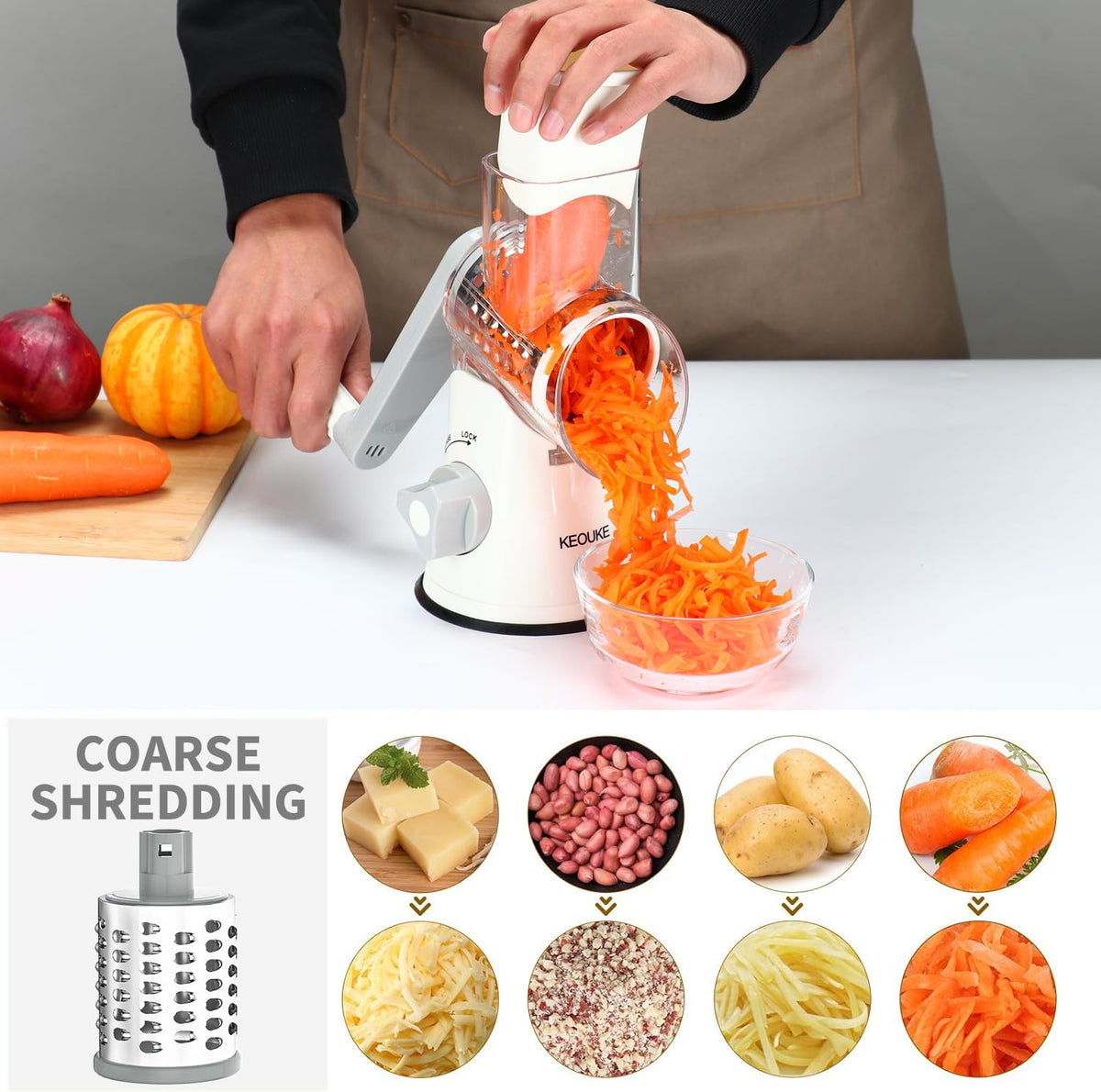 Cambom cheese grater with suction base in action on a counter.