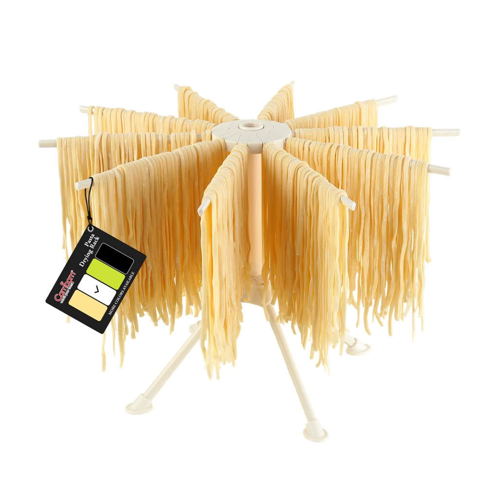 Cambom collapsible pasta drying rack with 10 arms keeps noodles evenly spaced.