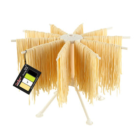 Cambom collapsible pasta drying rack with 10 arms keeps noodles evenly spaced.