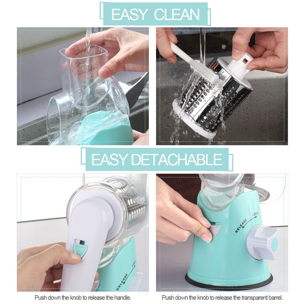 Dishwasher-safe parts make cleaning quick after cheese and veggie prep
