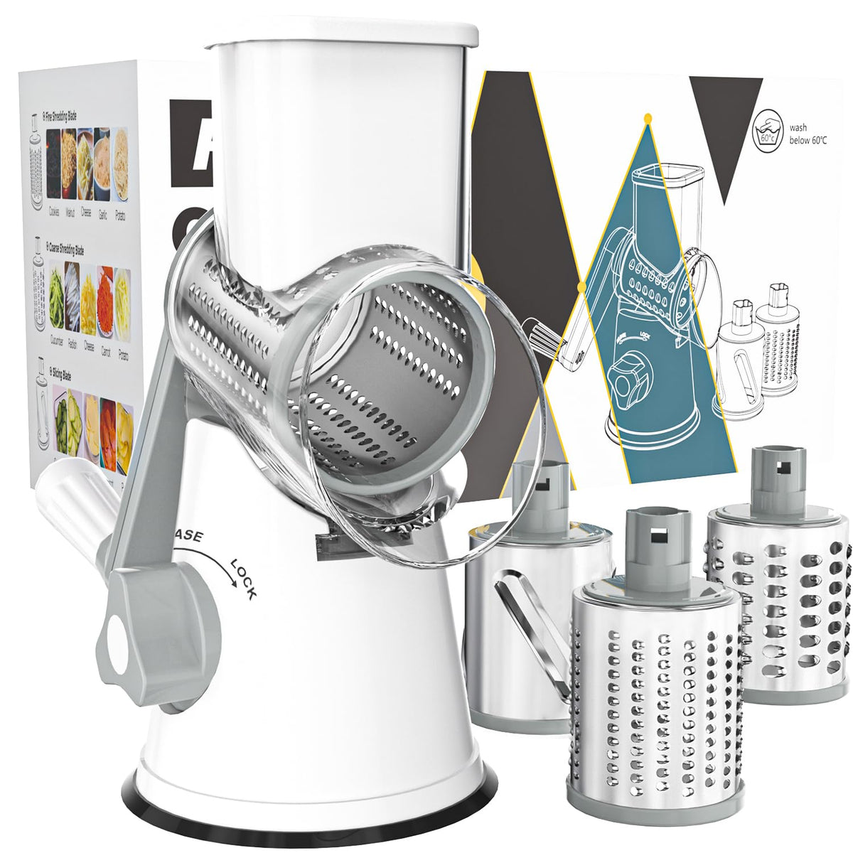 Cambom cheese grater hand crank front view for quick shredding without mess.
