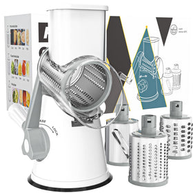 Cambom cheese grater hand crank front view for quick shredding without mess.