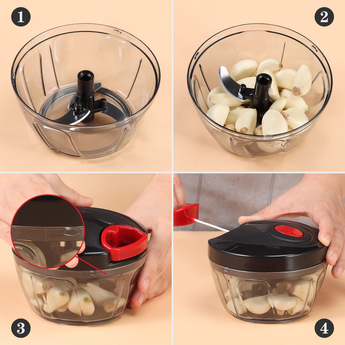 Cambom manual food chopper black 500ml compact design fits in kitchens.