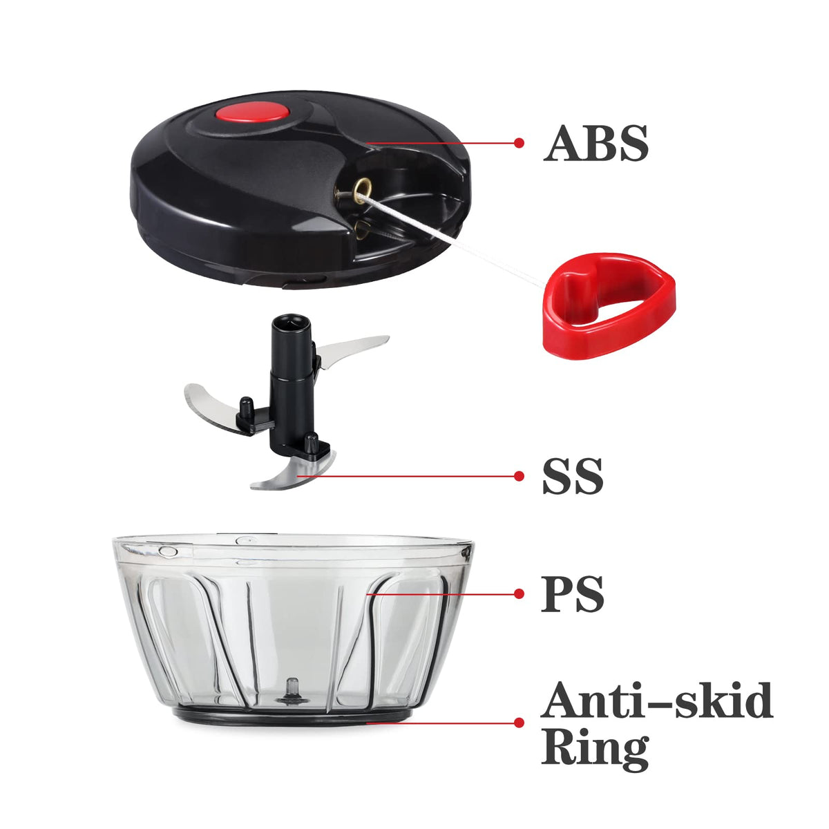 Cambom manual food chopper pull-string action delivers quick, controlled cutting.