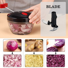 Cambom manual food chopper three-blade system enables efficient chopping.