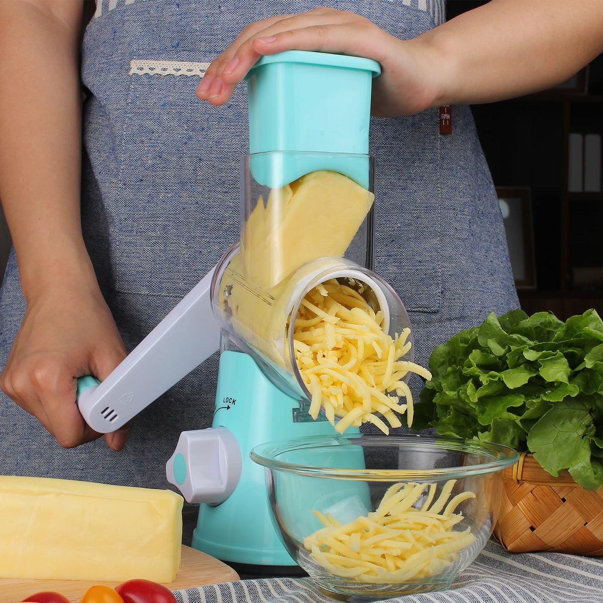 Manual hand crank delivers precise control for fresh cheese