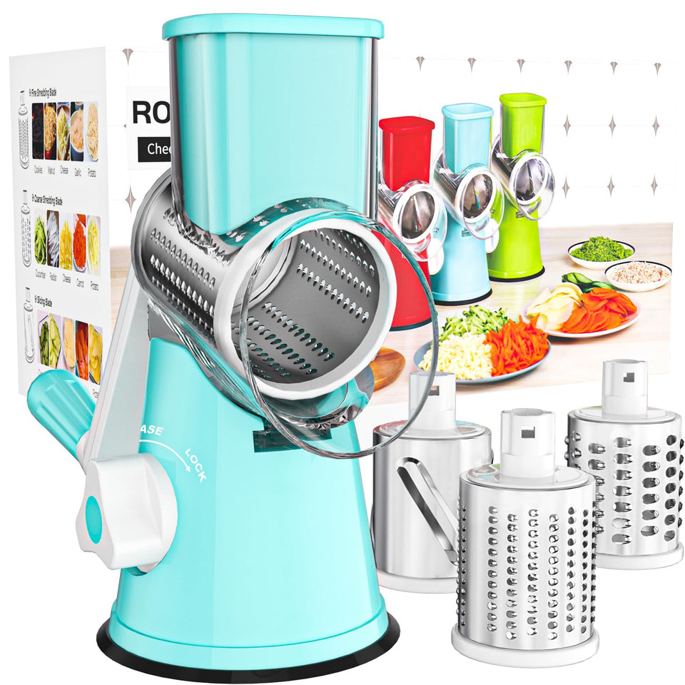 Cambom rotary cheese grater on counter with blue handle for fresh shredding