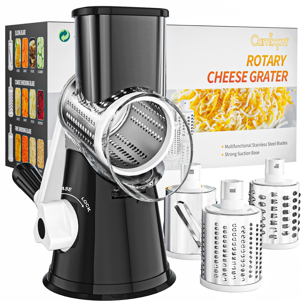 Cambom rotary cheese grater with coarse blade for quick shredding.
