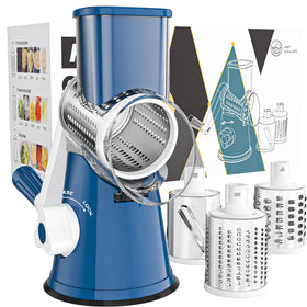 Cambom rotary cheese grater with deep blue body and crank for easy shredding