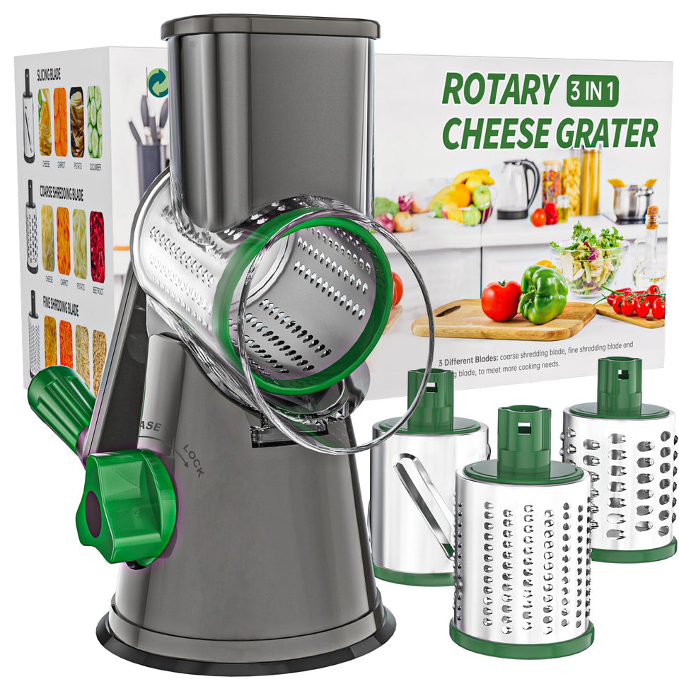 Cambom rotary cheese grater in action with hand crank for quick shredding