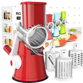 Cambom rotary cheese grater with handle for quick shredding.