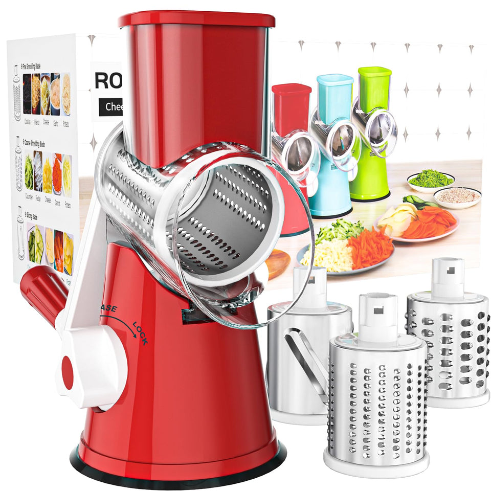 Cambom rotary cheese grater with handle for quick shredding.