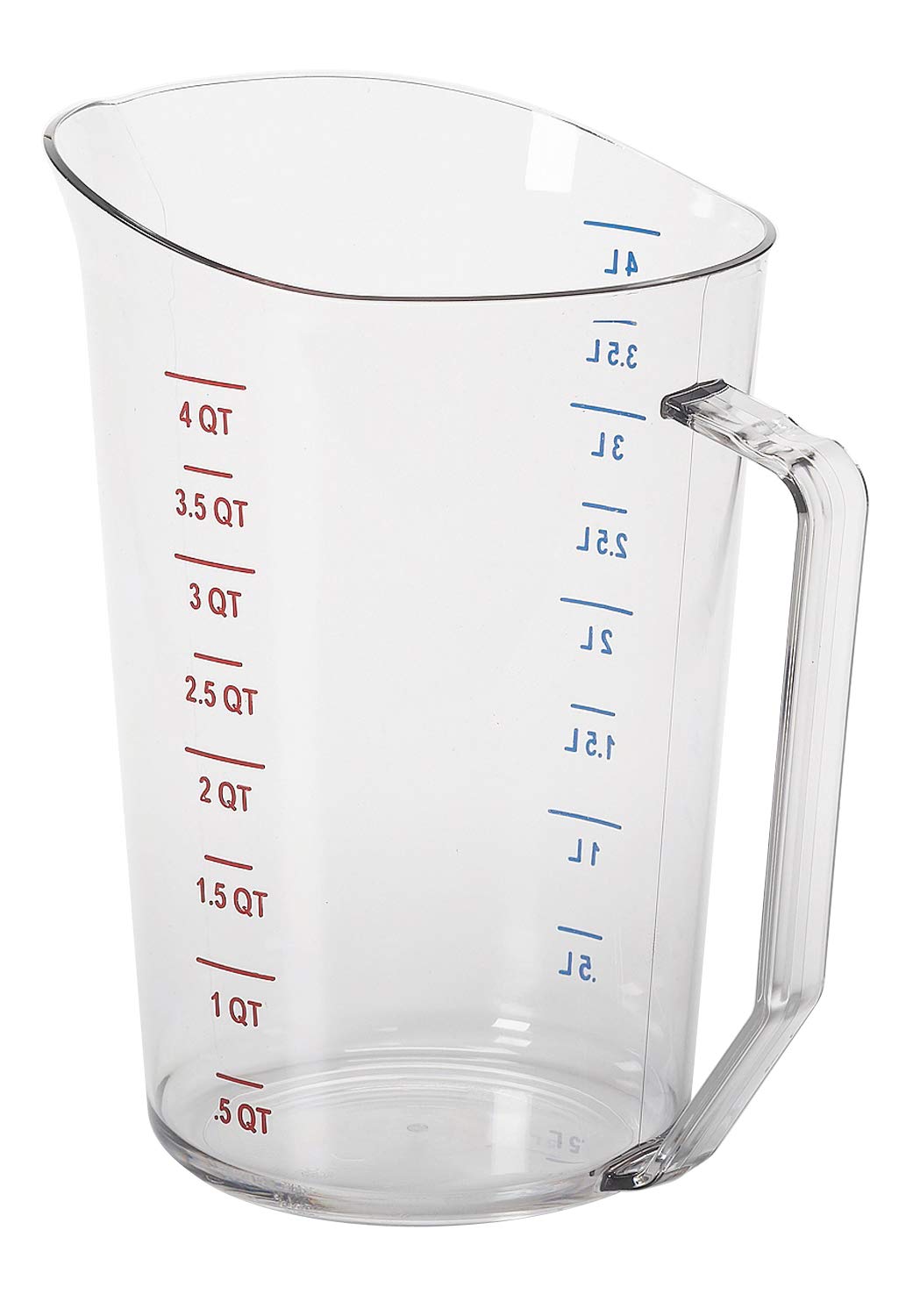 Cambro 400MCCW135 4-qt Camwear measuring cup front view with clear polycarbonate body for precise measuring