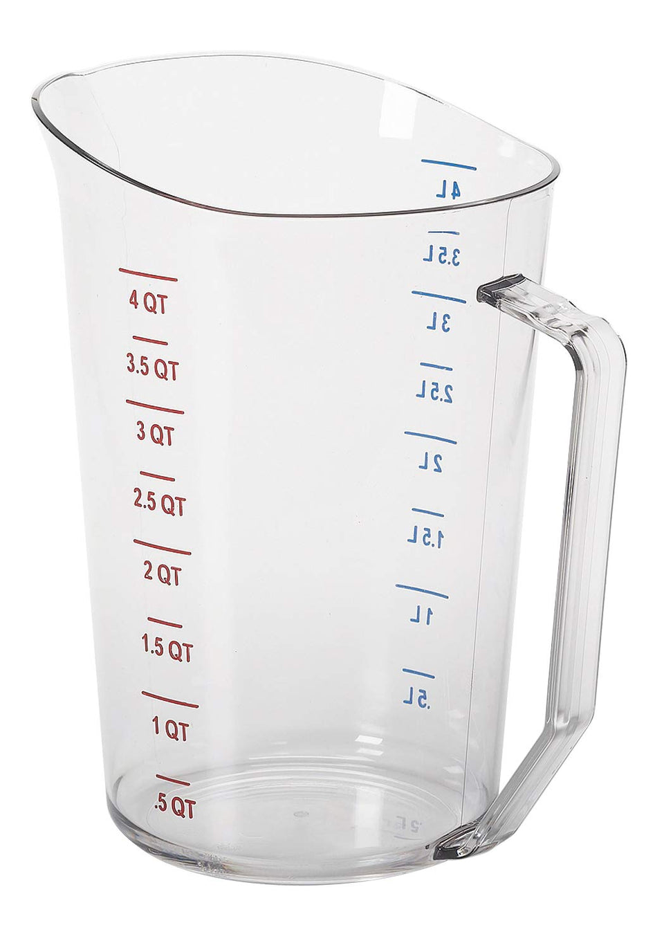 Cambro 400MCCW135 4-qt Camwear measuring cup front view with clear polycarbonate body for precise measuring
