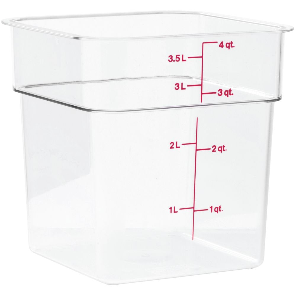 Cambro CamSquare 4SFSCW135 clear container shows contents at a glance for efficient prep.