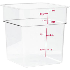 Cambro CamSquare 4SFSCW135 stackable container saves space in refrigerators and pantries.