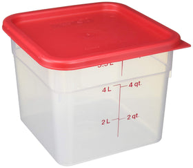 Cambro 6SFSPP190 translucent 6-quart container with lid, crystal-clear visibility for quick content identification.