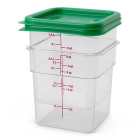 Cambro clear square food storage container showing durable design.