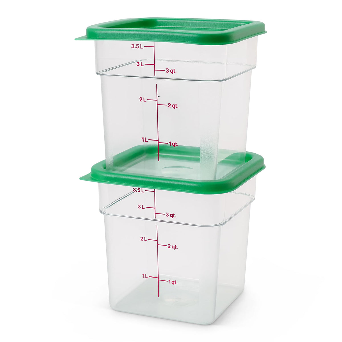 Cambro green lid sealing freshness on a square storage container.