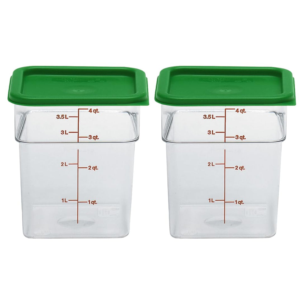 Cambro square 4qt container with green lid for fresh food storage.