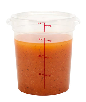 Cambro stackable storage for pantry organization and easy ingredient access.