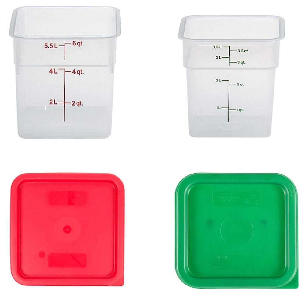 Cambro translucent square containers with lids in 4 qt and 6 qt sizes for organized storage and transport.